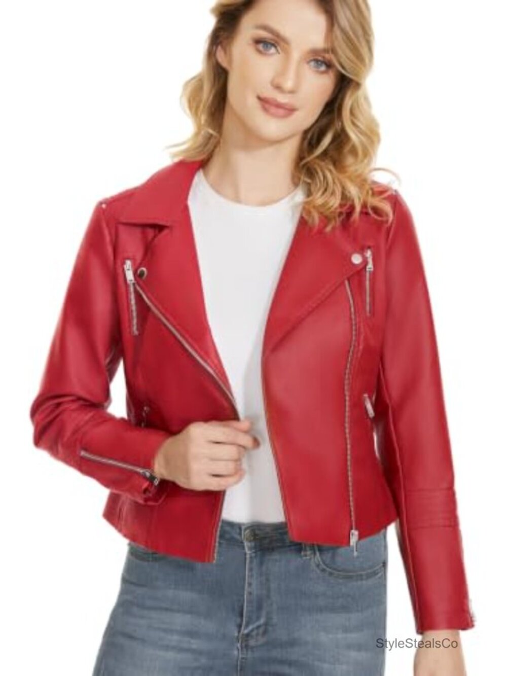 Faux Leather Moto Jacket Long Sleeve Zipper Utility Pocket